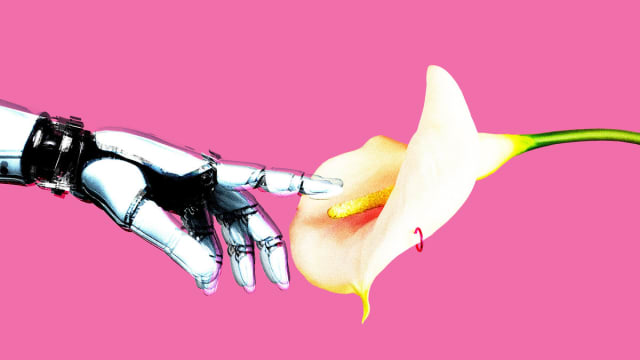 A photo illustration of a robotic hand reaching out to touch a lily