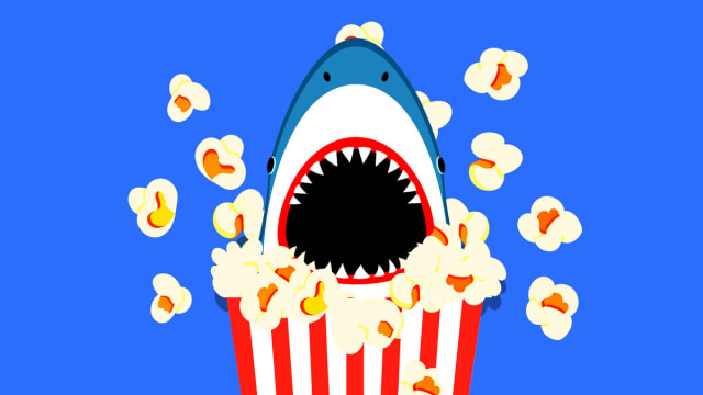A photo illustration of a shark bursting out of a bag of popcorn