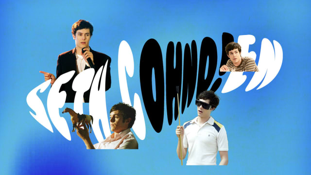 A photo illustration that says Seth C-OH NO!-en with pictures of Seth Cohen all around on a blue background