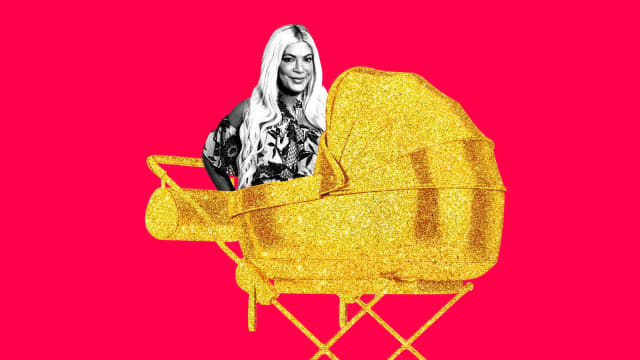 A photo of illustration of Tori Spelling in a baby carriage.