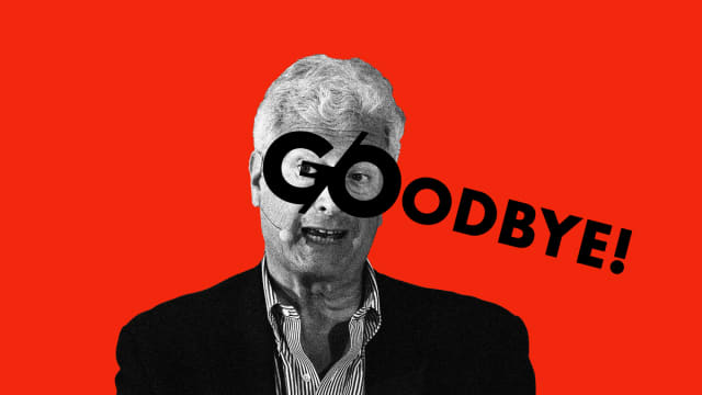 Photo illustration of Jim Spanfeller with the G/O Media group logo over his eyes with further text reading out “goodbye!”