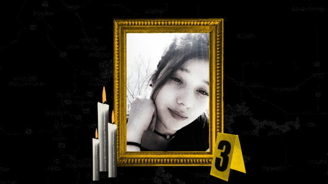 Photo illustration of Kyla Mercy in a gold frame with lit candles and an evidence marker collaged on top.