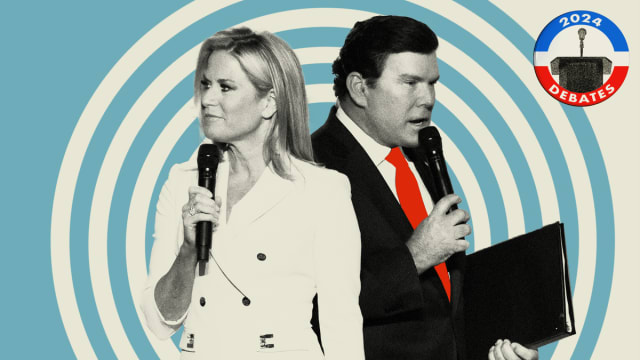 Photo illustration of Bret Baier and Martha MacCallum on a blue and white circle pattern background.