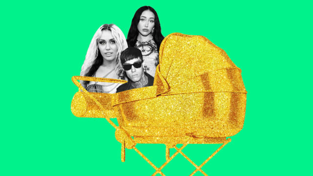 An illustration including photos of Noah Cyrus, Tracy Cyrus, and Miley Cyrus, and a Golden Stroller