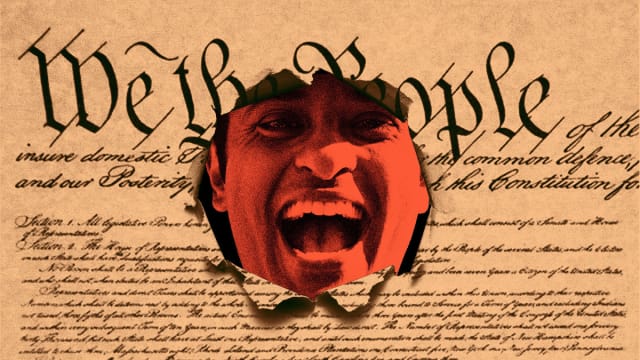 A photo illustration shows Vivek Ramaswamy’s face bursting through the constitution
