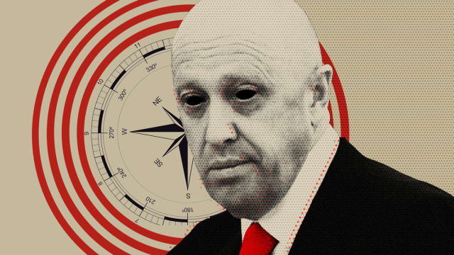 Photo illustration of Yevgeny Prigozhin with blacked out eyes and a compass and target sign collaged behind him.
