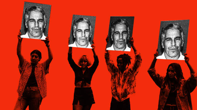 Photo illustration of four women protesting holding photographs of Jeffrey Epstein on a red background.