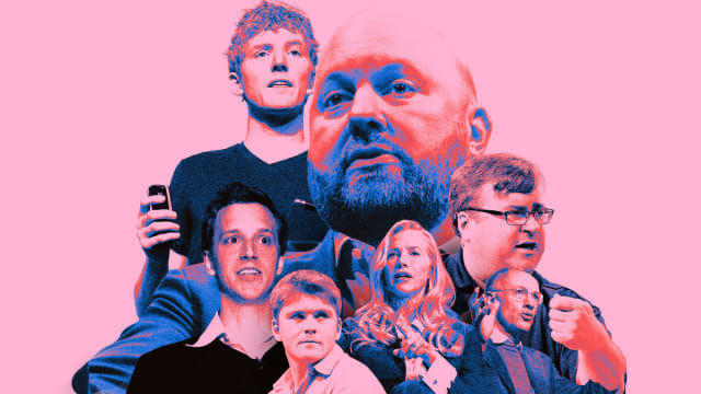 A photo illustration that shows Michael Moritz, Reid Hoffman, Marc Andreessen, Patrick and John Collison, Laurene Powell Jobs, and Nat Friedman