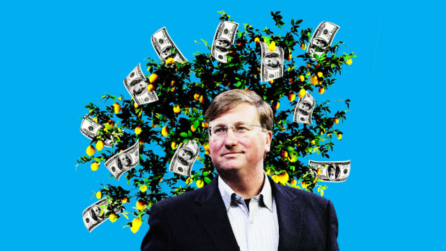 A photo illustration shows Tate Reeves in front of a lemon tree that has lemons and hundred dollar bills growing on it.