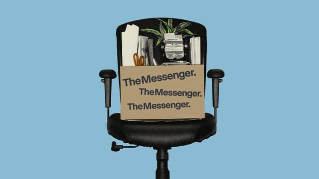 A chair topped with a box filled with office items, reading “The Messenger.”