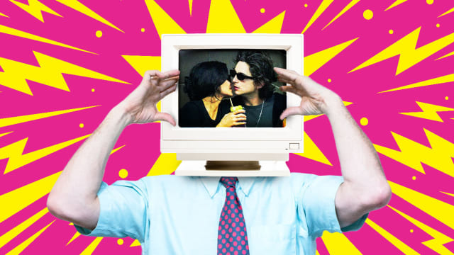 A photo illustration of a man with a computer for a head that shows Kylie Jenner and Timothee Chalamet kissing with an explosion in the background.
