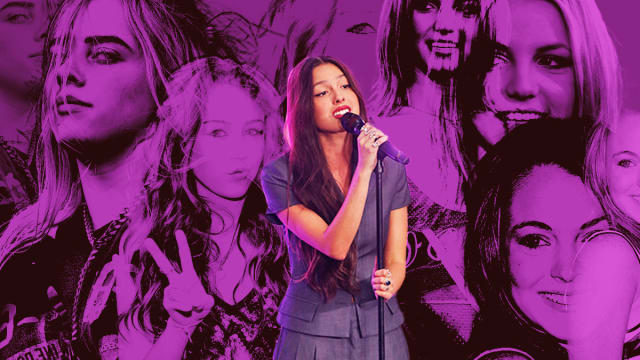 A photo illustration shows Olivia Rodrigo in front of a collage of Britney Spears, Billie Eilish, Miley Cyrus, and Lindsay Lohan