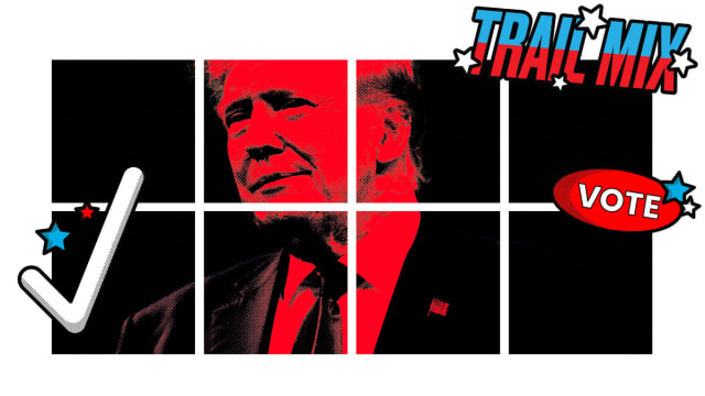 Photo illustration of a red Donald Trump in a black grid.