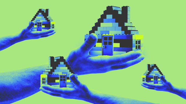 A photo illustration of hands holding houses made from blocks