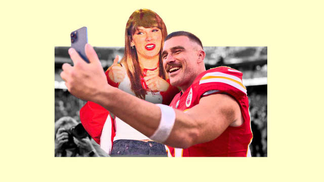 A photo composite of Travis Kelce holding out his phone with Taylor Swift next to him giving a thumbs up