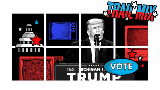 A photo illustration of Donald Trump behind a dais with TVs all around him in a grid