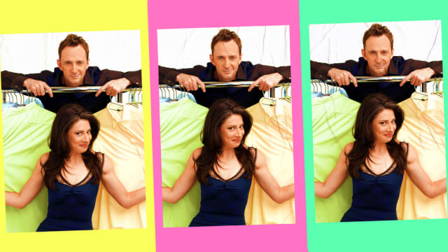 Photo illustration of Stacy London and Clinton Kelly from What Not To Wear on tiled vertical posters on various color block background.
