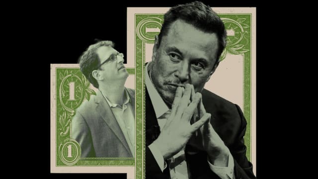 illustration of Elon Musk and Dean Preston inside $1 bills on a black background.