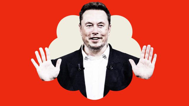 Photo illustration of Elon Musk with his hands up in a off-white center of a X verification symbol on a red background.