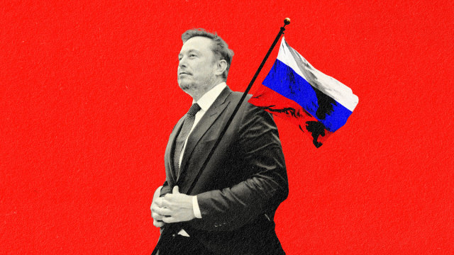 A photo illustration of Elon Musk holding a Russian flag