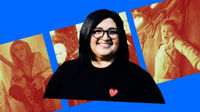 A photo illustration showing stills from Totally Killer with a portrait of the film director Nahnatchka Khan.
