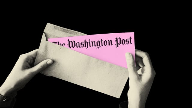 Photo illustration of someone holding a pink slip with the Washington Post logo on it coming out of an envelope.