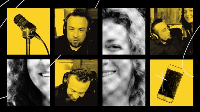 A grid of images that show Elora Patoine and Jean-Francois Gariepy in black, white and yellow.
