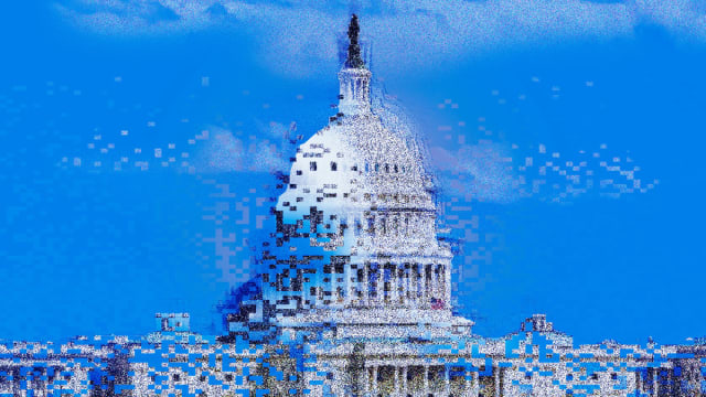 Alt text: A photo illustration showing the U.S. government’s capitol building dissolving into digital pixels.