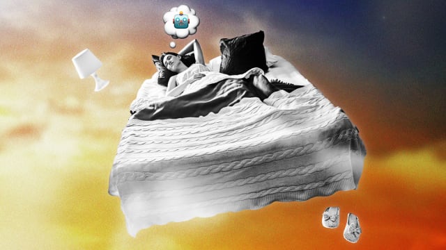 An illustration including a photo of a Woman Sleeping in the Clouds dreaming about Robots and Artificial Intelligence
