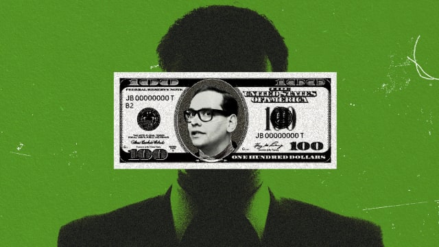 A photo illustration of a silhouette of a man behind a hundred dollar bill with George Santos' face on it