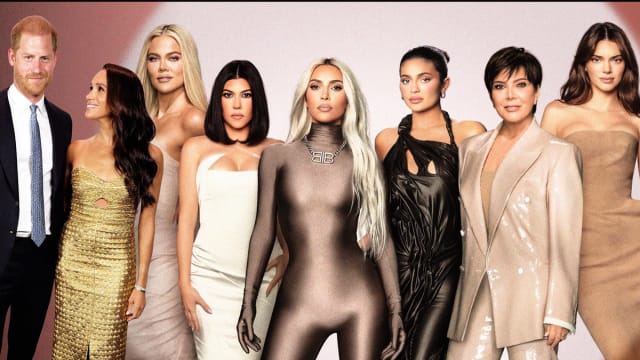 An illustration including photos of Kim Kardashian, Kourtney Kardashian, Kylie Jenner, Kendall Jenner, Kris Jenner, and Khloé Kardashian, as well as Prince Harry and Meghan Markle, Duchess of Sussex.