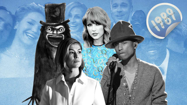 A collage of The Babadook, Taylor Swift, Gone Girl, and Pharrell Williams. 