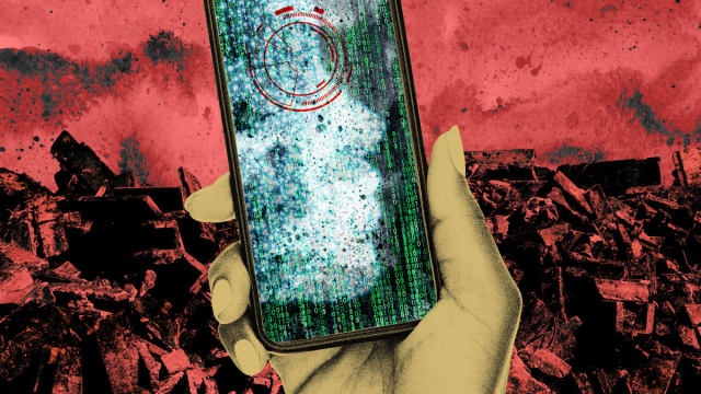 Photo illustration of a person holding a phone with ai and matrix coding on the smartphone screen with red rubble and chaos in the background.