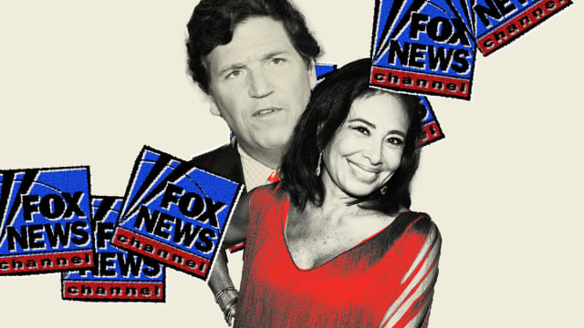 Photo illustration of several Fox News logos with Jeanine Pirro and Tucker Carlson on a beige background.