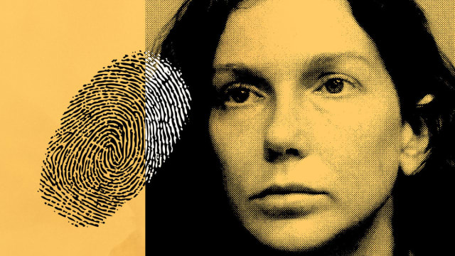A photo illustration of Kaitlin Armstrong with a fingerprint overlaid