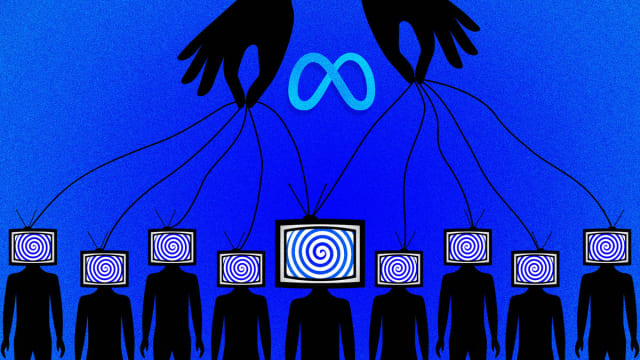Stylized illustration of a giant set of hands controlling people with the Meta log in the center