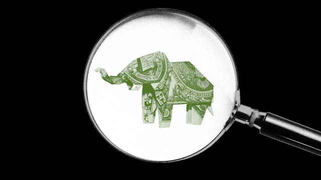Photo illustration of an origami elephant made from money under a magnifying glass