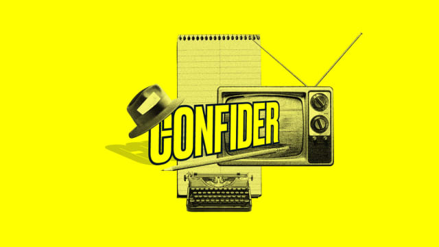 Confider logo illustrated over a yellow background.