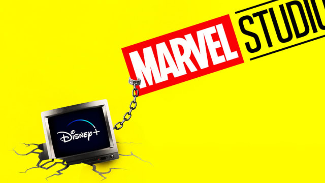 A photo illustration of the Marvel Studios logo being dragged down by a TV with the Disney+ logo on display.