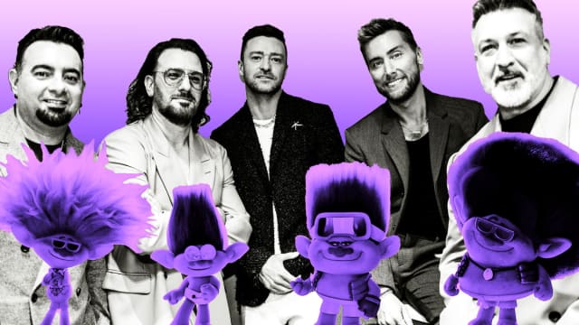 A photo illustration of NSYNC with trolls overlaid in front of them