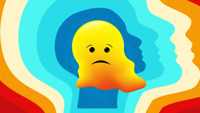 Illustration of a sad face melting in front of a psychedelic graphic in the shape of a human head