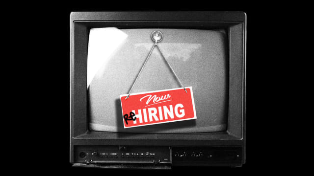 Photo illustration of an old tv with a “now hiring” sign altered to read “rehiring” hanging.