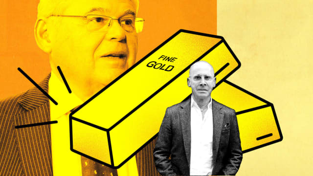 A photo illustration shows Bob Menendez and Bob Luskin overlayed an illustration of gold bars.