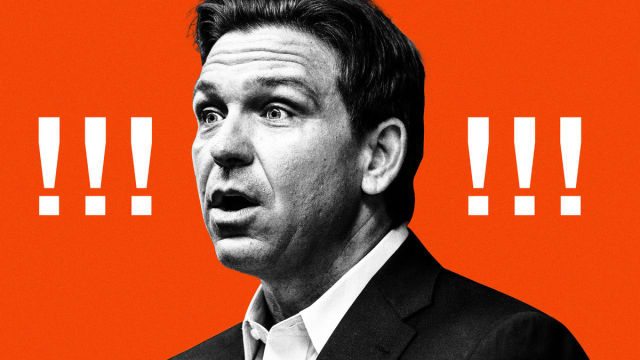 An illustration including a photo of Ron DeSantis and exclamation marks