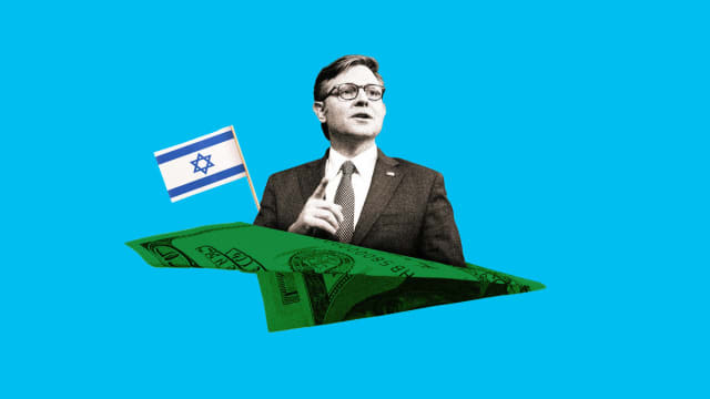 Mike Johnson rides inside a paper airplane made out of money with an Israeli flag attached.