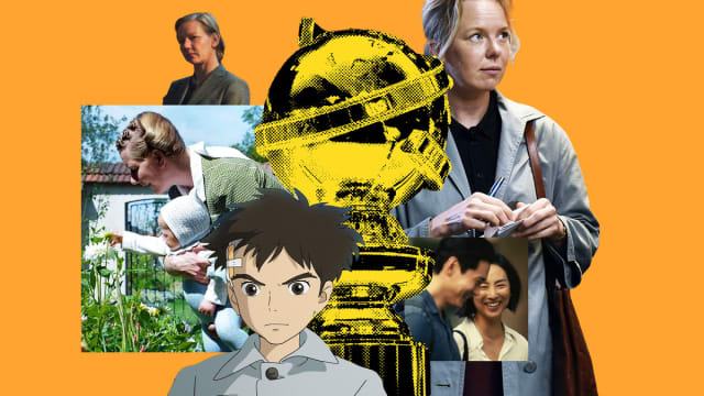 A photo illustration shows stills from Anatomy of a Fall, The Zone of Interest, Past Lives, The Boy and the Heron, and Fallen Leaves around a Golden Globe.