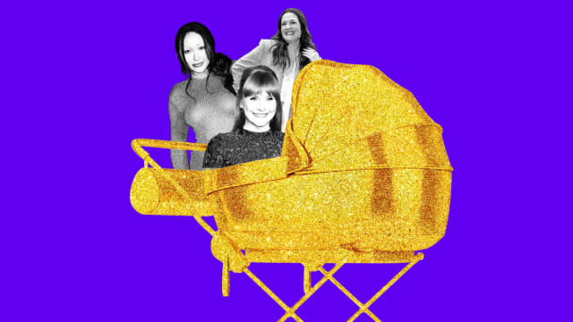 A photo illustration of a golden bassinet with Noah Cyrus, Bryce Dallas Howard and Drew Barrymore.