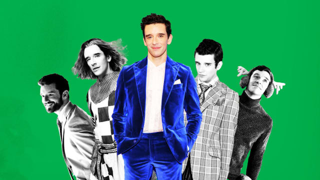 A photo illustration of Michael Urie in his roles in Spamalot, Shrinking, Ugly Betty, and Single All the Way