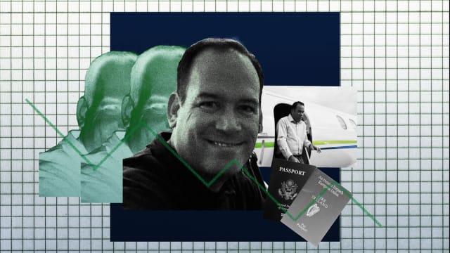 A photo illustration including a portrait Jason Cardiff and an image of disembarking from his private jet.