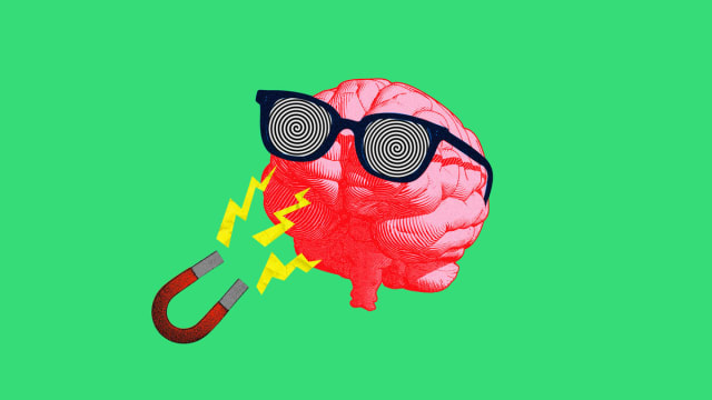 Photo illustration of a brain wearing hypnotizing glasses with a magnet.
